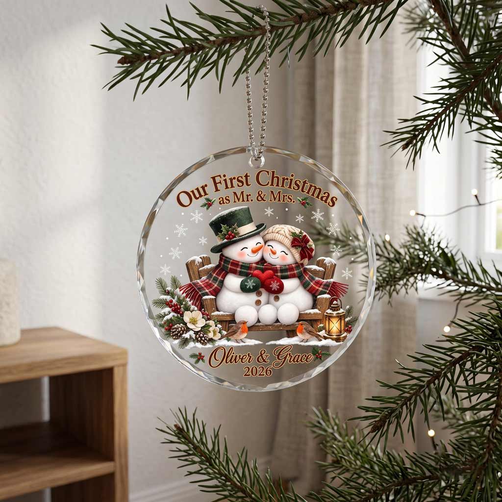 Our First Christmas as Mr & Mrs Snowman Couple Custom Name Date Wedding Newlywed Gift Round Glass Christmas Ornament