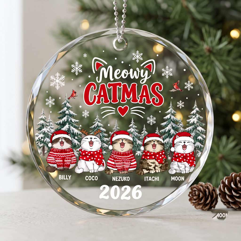 Meowy Catmas Kitten Custom Pet Names Cat Round Glass Ornament