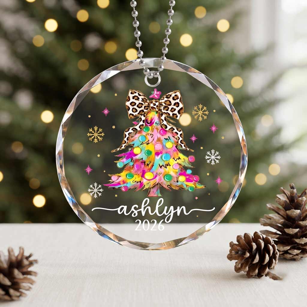 Colorful Christmas Tree Leopard Bow 2026 Custom Name  Christmas Keepsake Round Glass Christmas Ornament