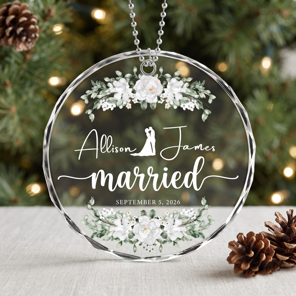 Married Floral Wedding Custom Names Date Wedding Keepsake Anniversary Gift Round Glass Christmas Ornament
