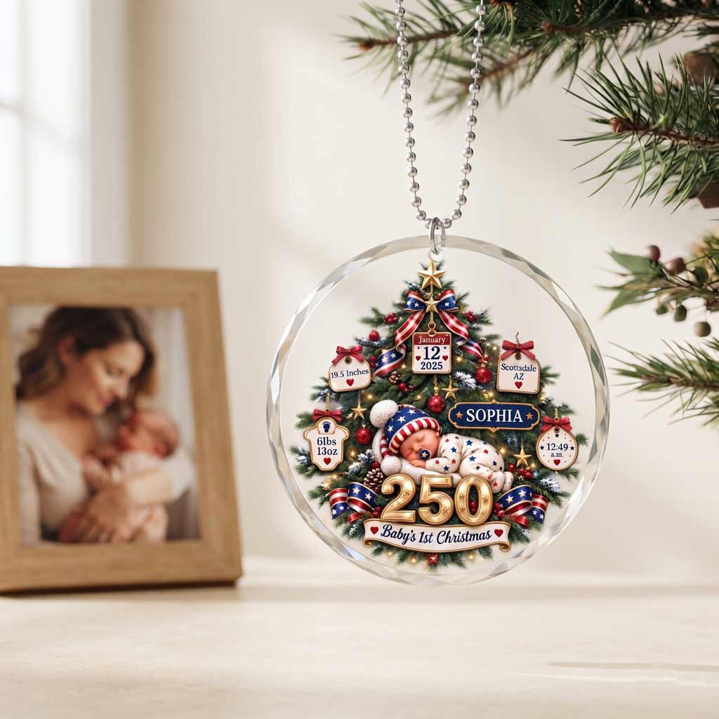 Baby's First Christmas America's 250th Year Custom Name Birth Date Weight Time Newborn Round Glass Ornament