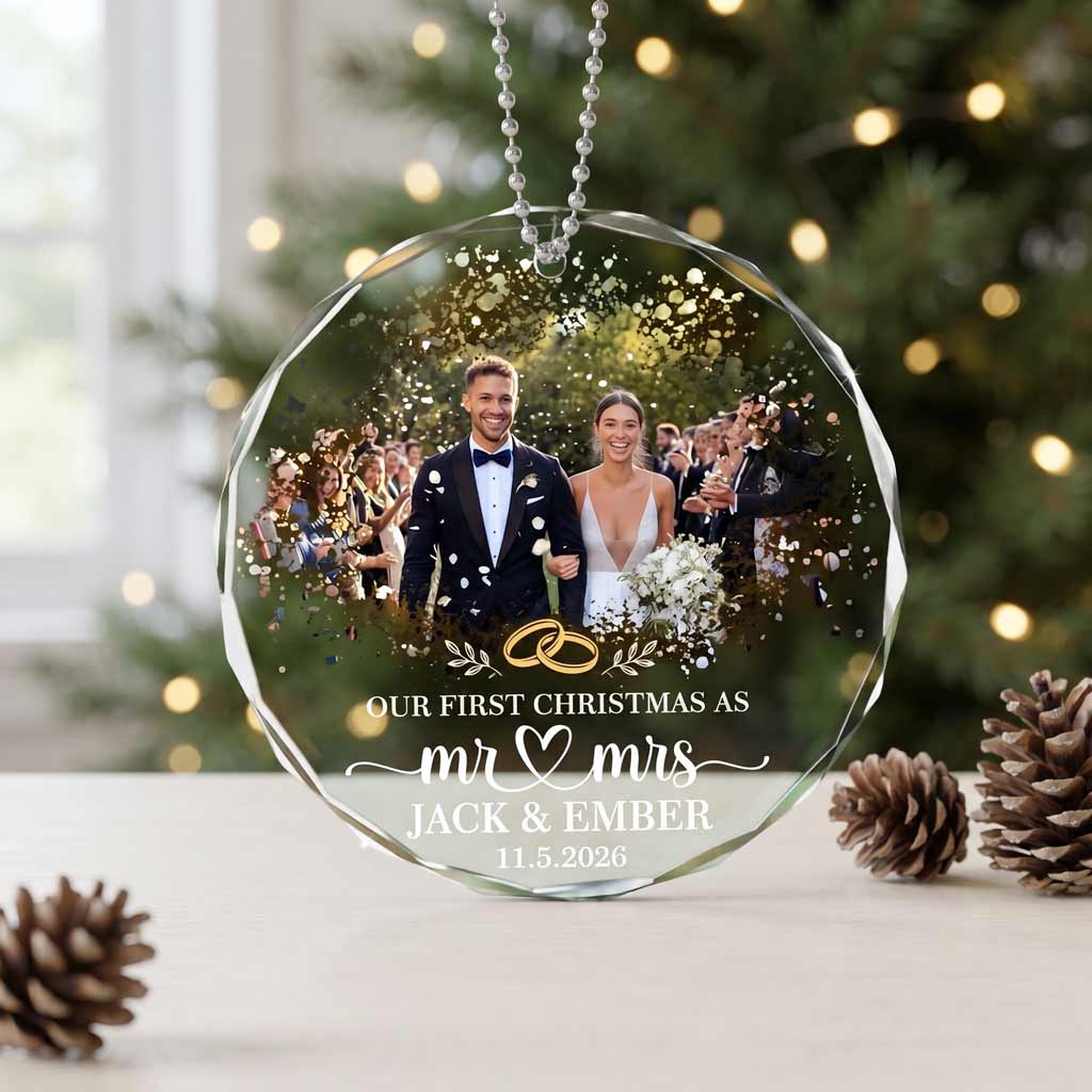 Our First Christmas as Mr & Mrs 2026 Custom Photo Wedding Anniversary Keepsake Round Glass Christmas Ornament