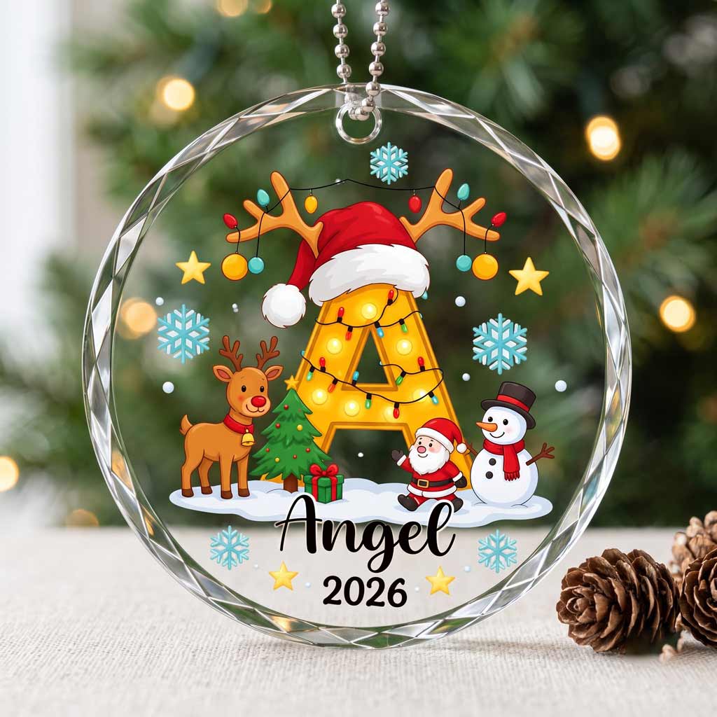 Christmas Initial Santa Reindeer Custom Name 2026 Family Holiday Round Glass Christmas Ornament