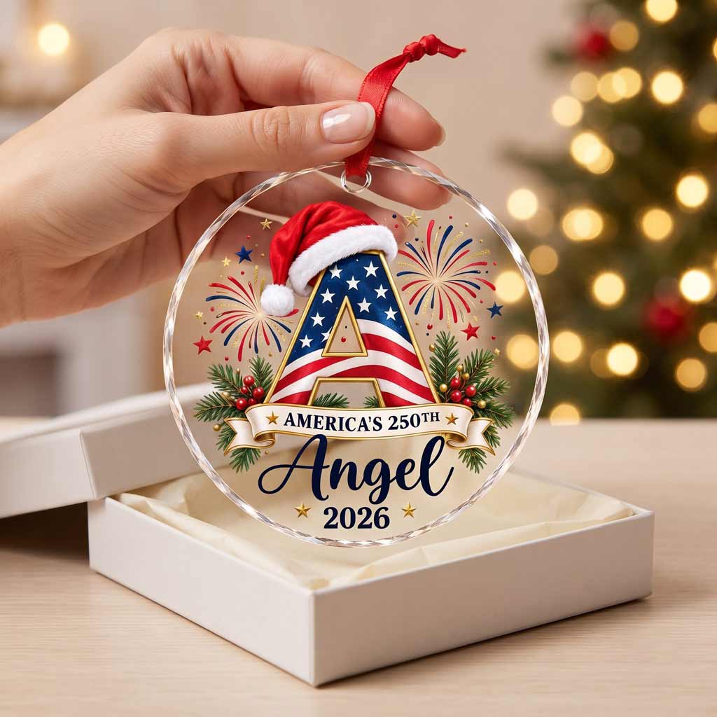 America's 250th Initial 2026 Custom Name Patriotic Holiday Keepsake Round Glass Christmas Ornament