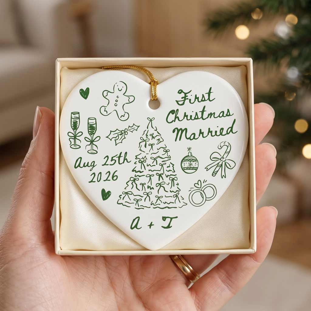 First Christmas Married Wedding Doodle Custom Name Date Couple Newlywed Heart Glass Ornament