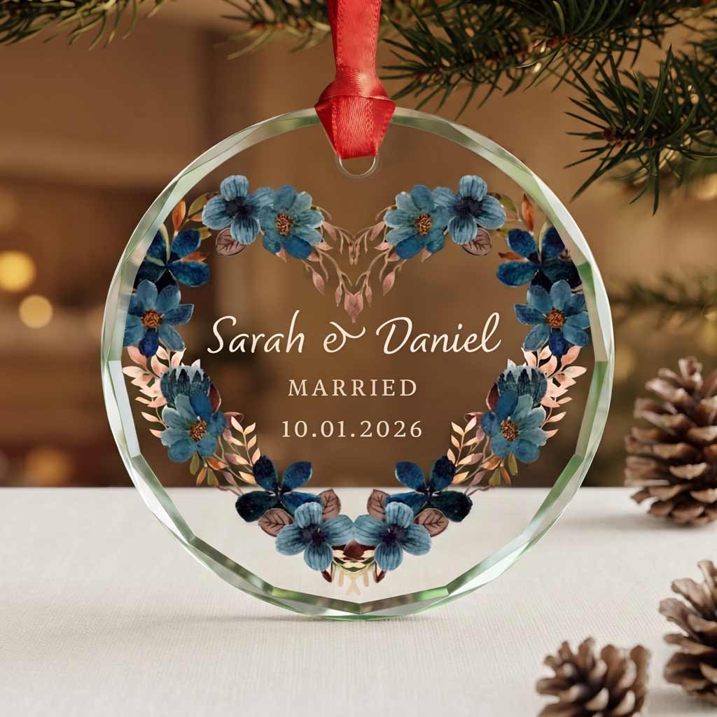Floral Wedding Wreath Custom Couple Name Date Married Gift Round Glass Christmas Ornament