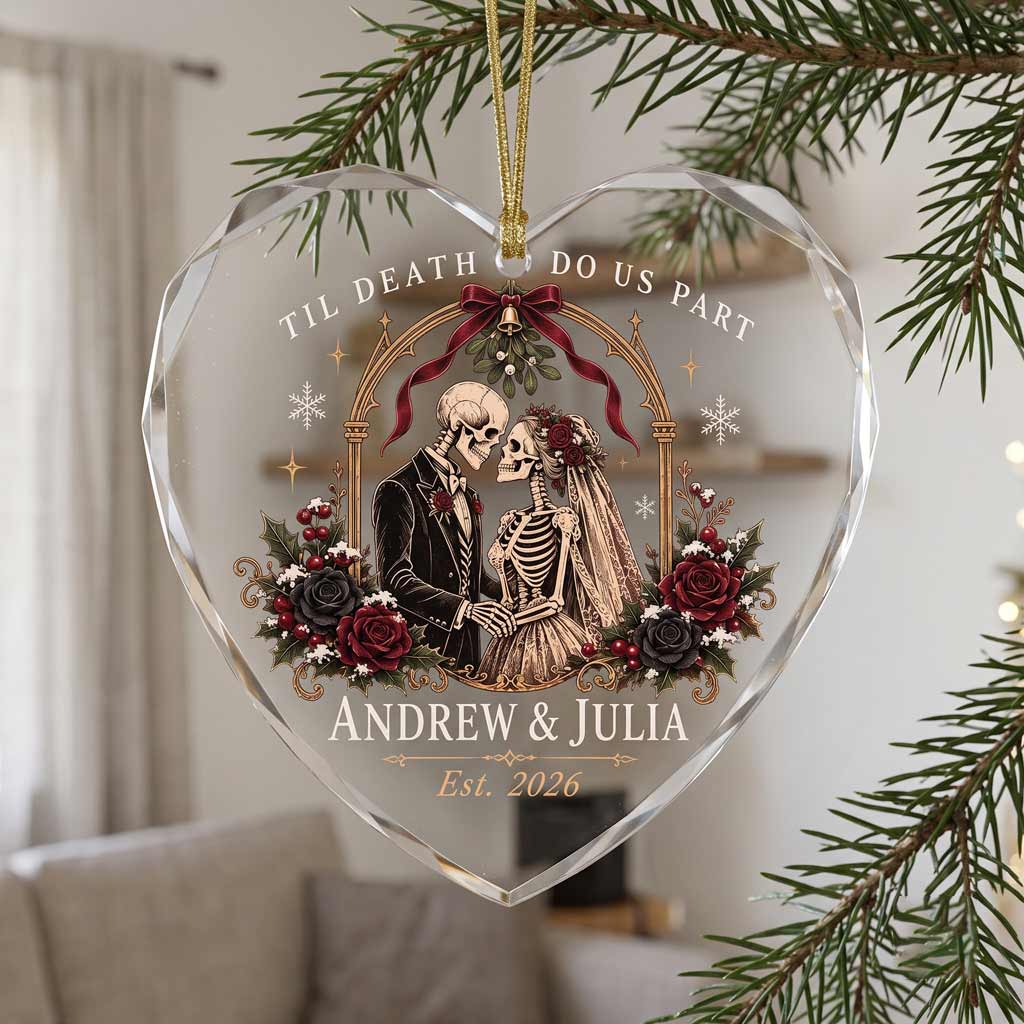 Til Death Do Us Part Skeleton Bride Groom Custom Gothic Wedding Couple Heart Glass Ornament