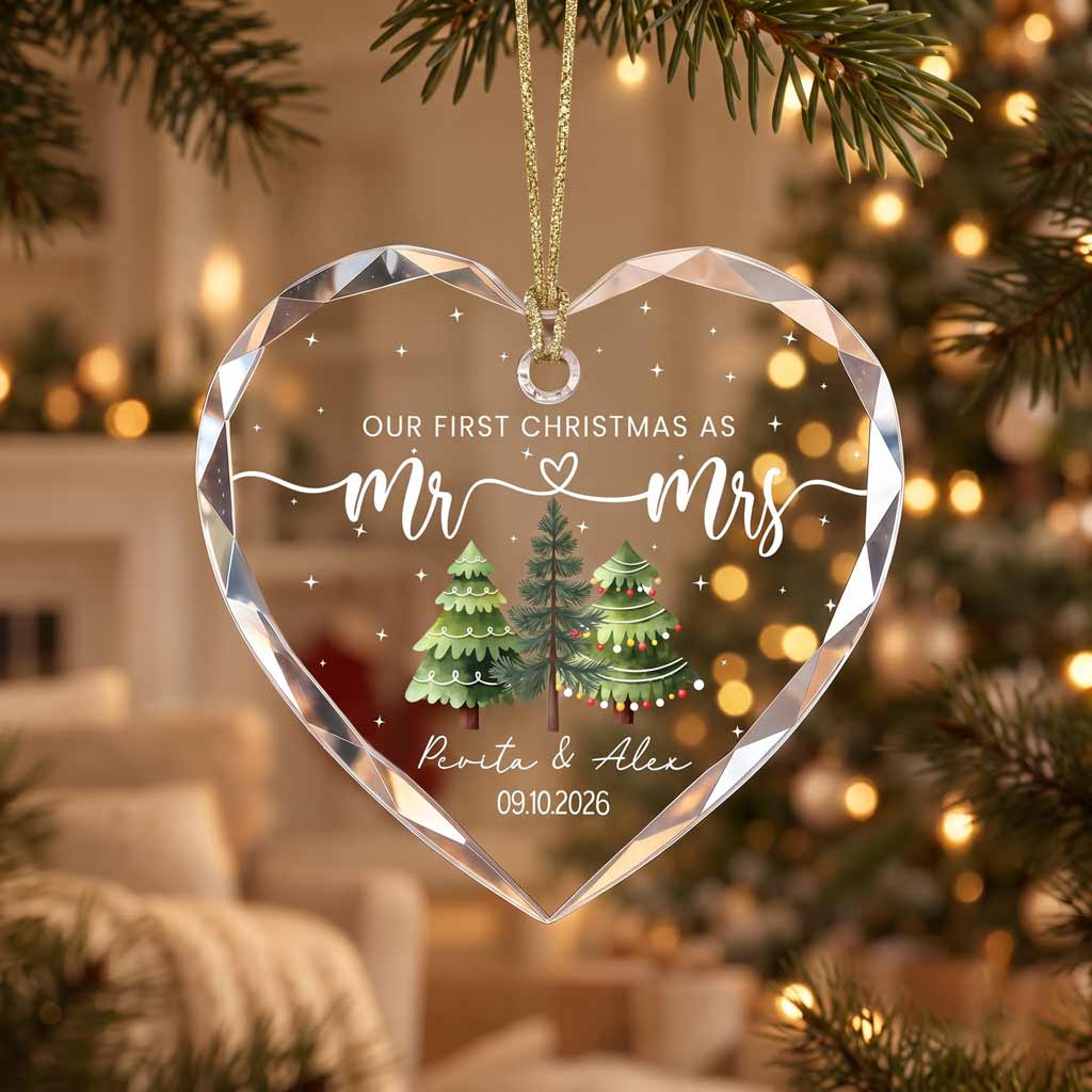 Our First Christmas as Mr & Mrs Custom Couple Name Date Wedding Heart Glass Christmas Ornament