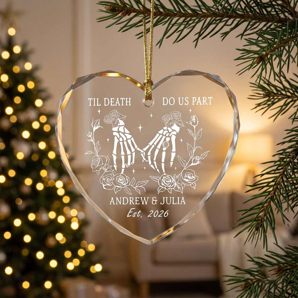 Til Death Do Us Part Skeleton Hands Roses Custom Name Date Gothic Couple Wedding Gift Heart Glass Ornament