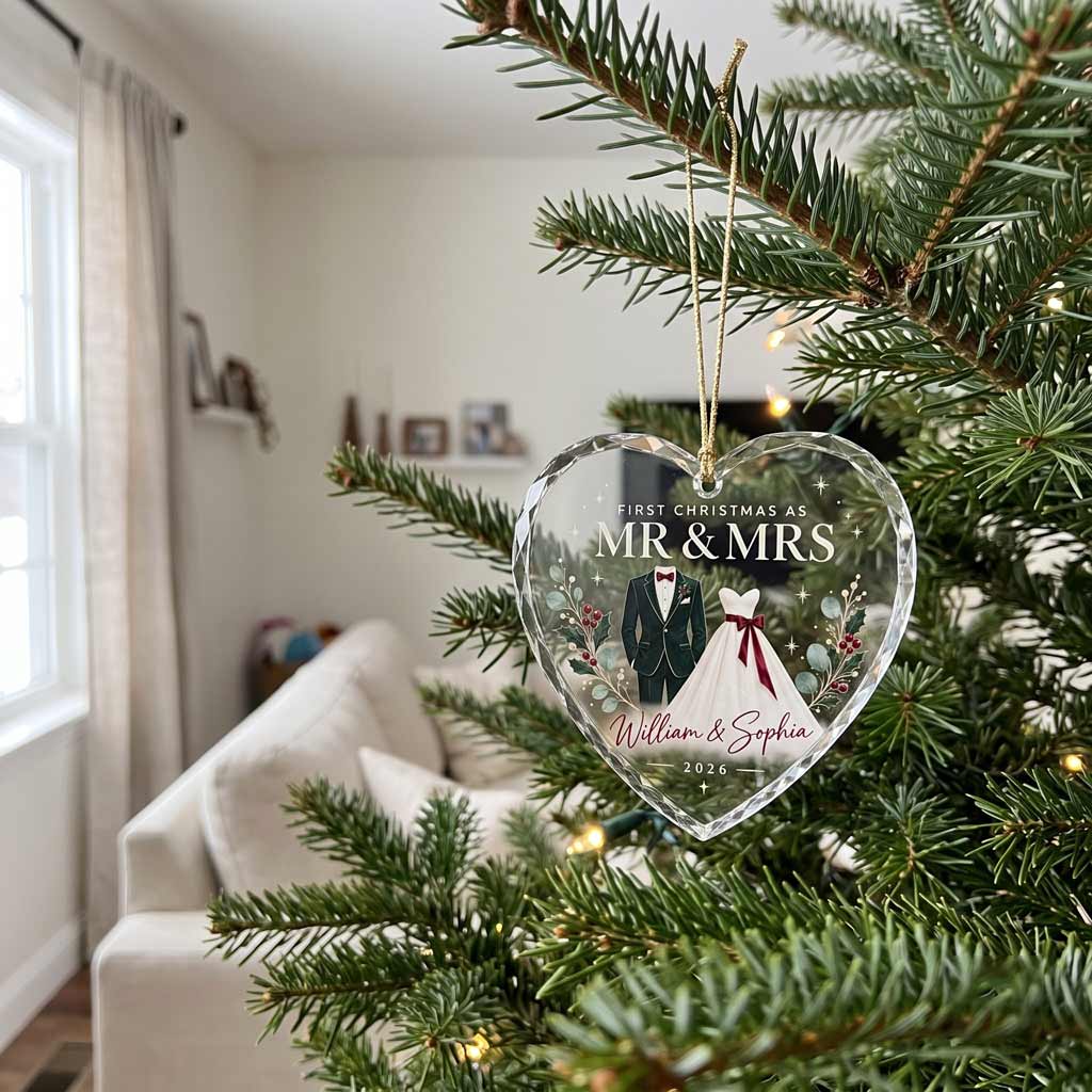 First Christmas As Mr & Mrs Wedding Suit And Dress Custom Name & Date Couple Newlywed Gift Heart Glass Ornament