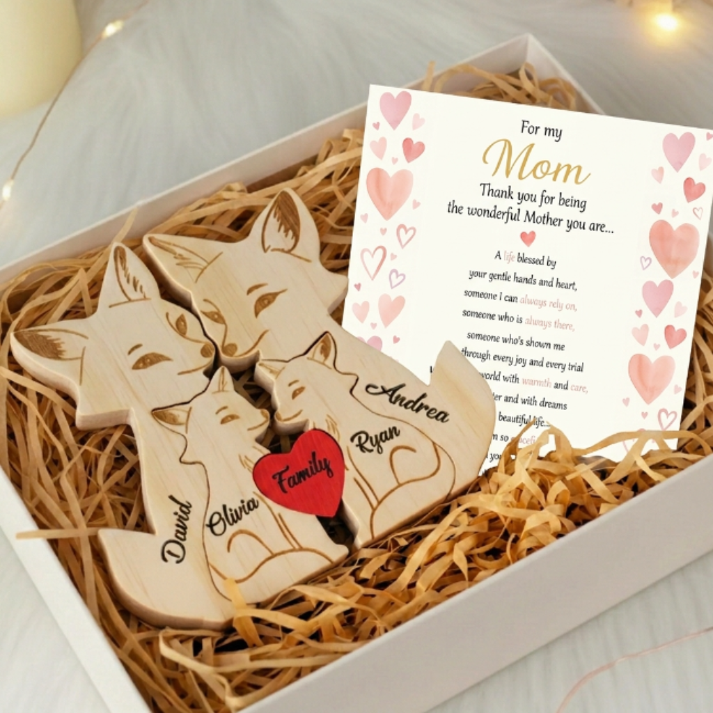 Personalized Fox 4 Pieces Family Edition Custom Wooden Puzzle