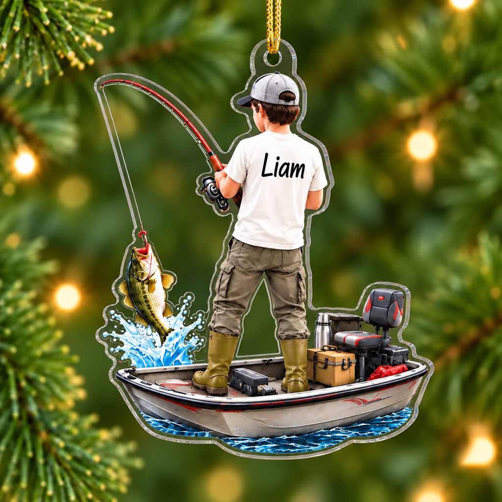 Bass Fishing On A Boat Custom Name Fishing Lover Gift for Son and Dad Acrylic Ornament
