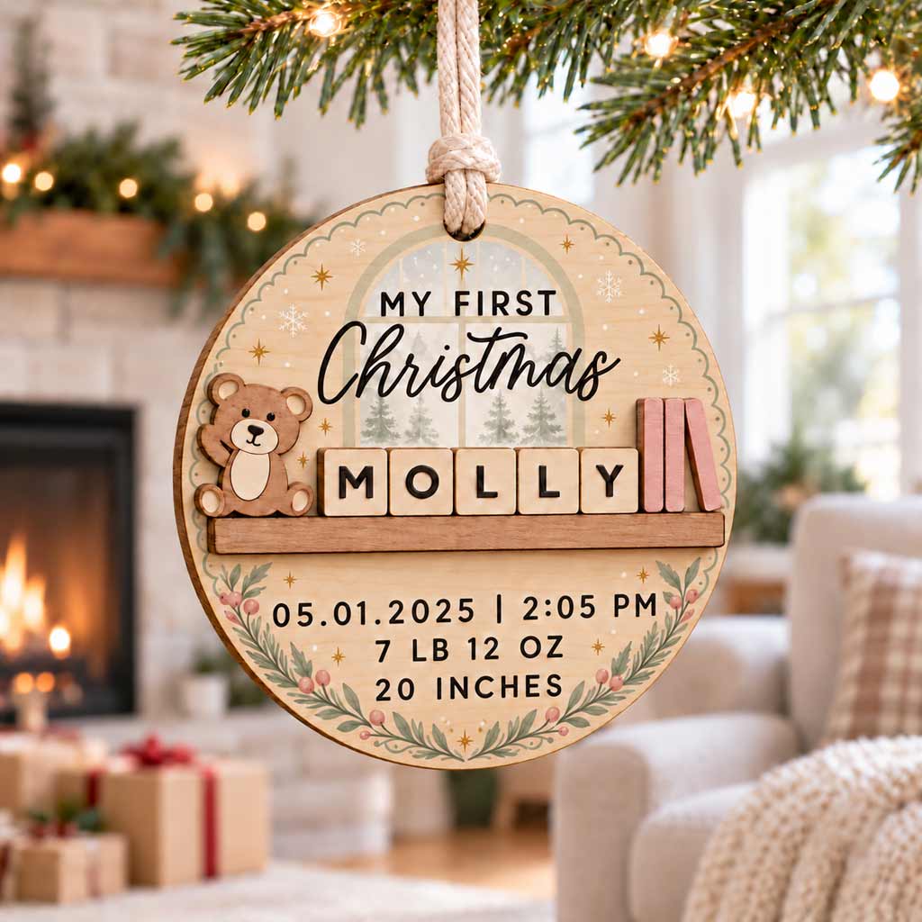 My First Christmas Teddy Bear Custom Birth Details Newborn Baby Gift Wooden Christmas Ornament