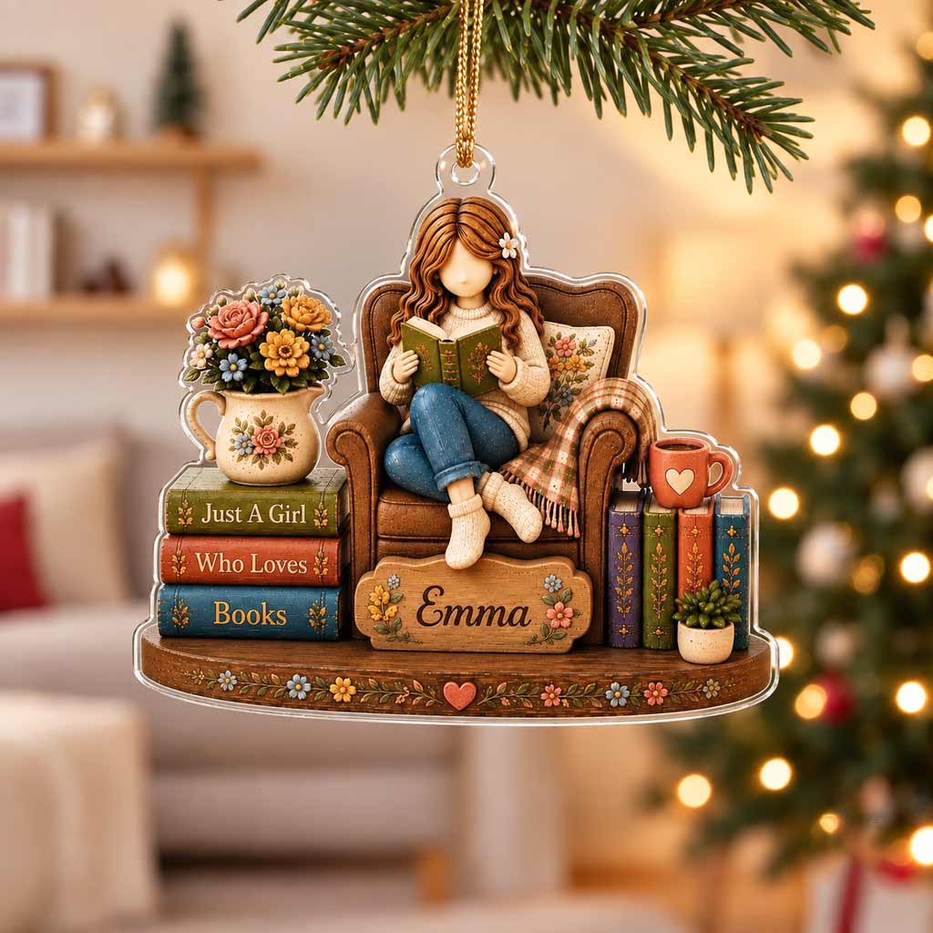 Cozy Reading Girl With Books Custom Name Bookworm Gift for Her Christmas Acrylic Ornament