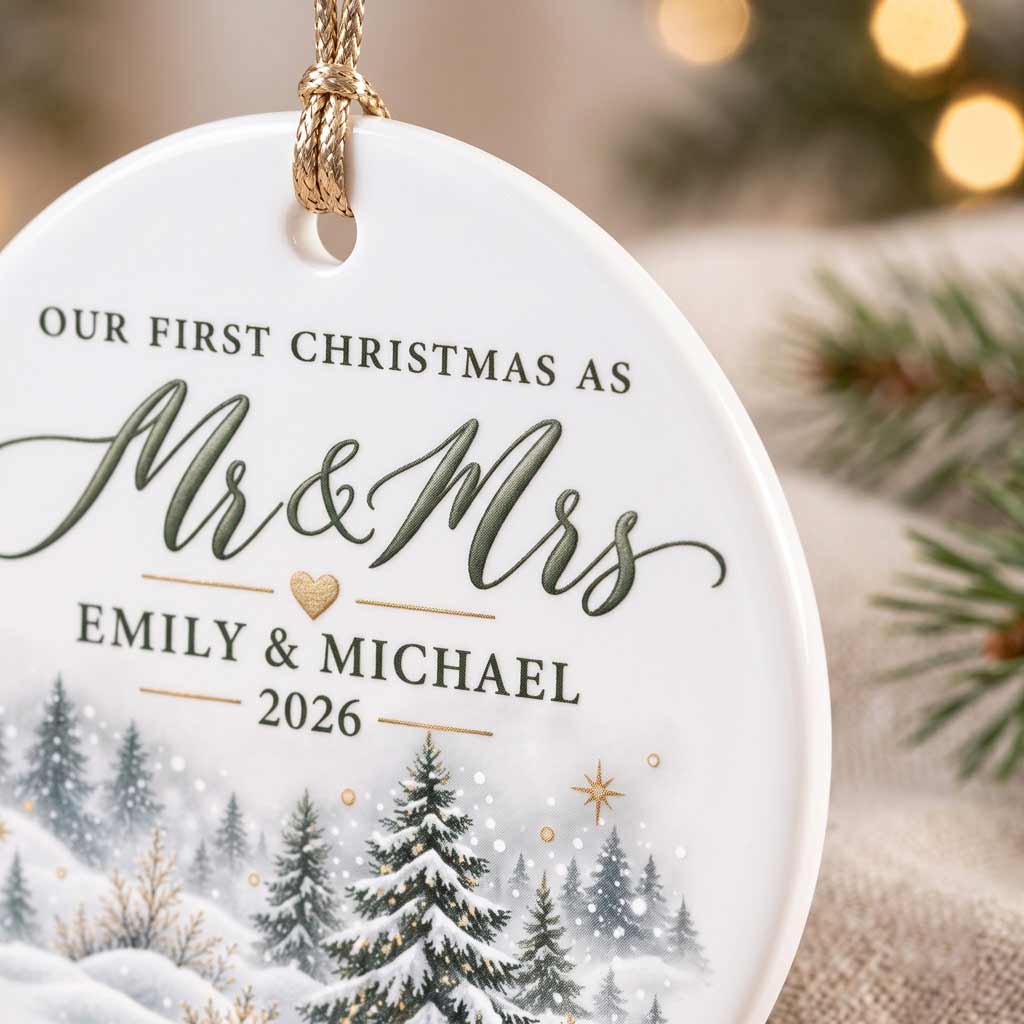 Our First Christmas As Mr & Mrs 2026 Snowy Pine Forest Custom Name Couple Wedding Newlywed Gift Round Ceramic Ornament