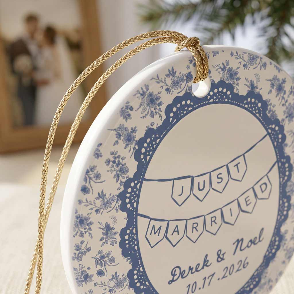 Just Married Blue Floral Custom Gift Wedding Couple Newlywed Keepsake Round Ceramic Ornament