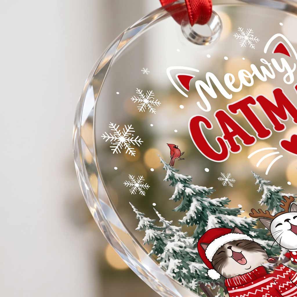Meowy Catmas Kitten Custom Pet Names Cat Round Glass Ornament