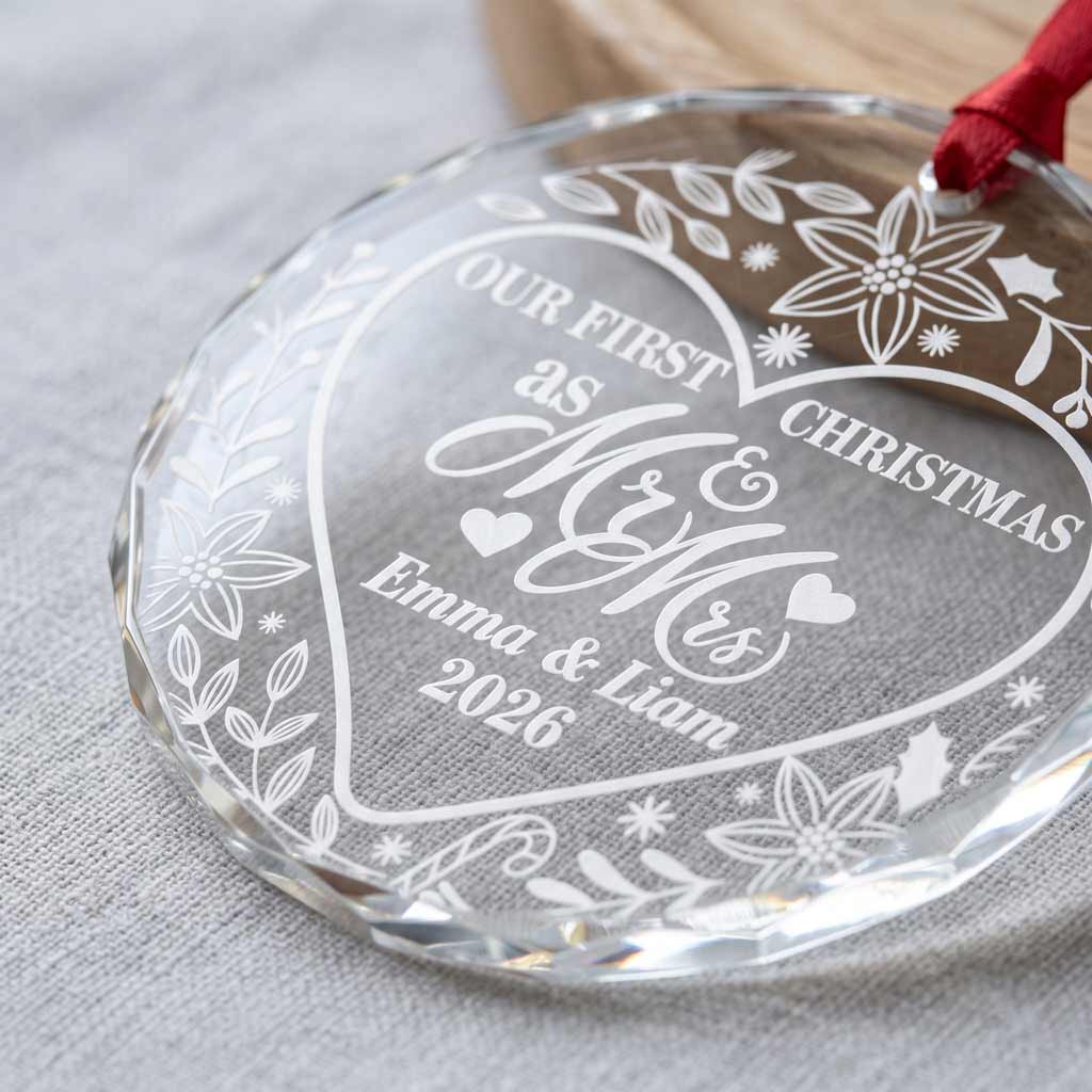 Our First Christmas as Mr & Mrs Floral Heart Custom Wedding Couple Newlywed Gift Round Glass  Ornament