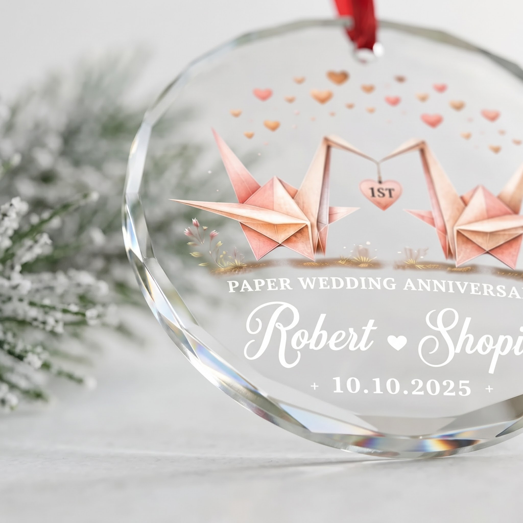 Paper Wedding Anniversary Custom Names Date First Wedding Keepsake Couple Round Glass Christmas Ornament