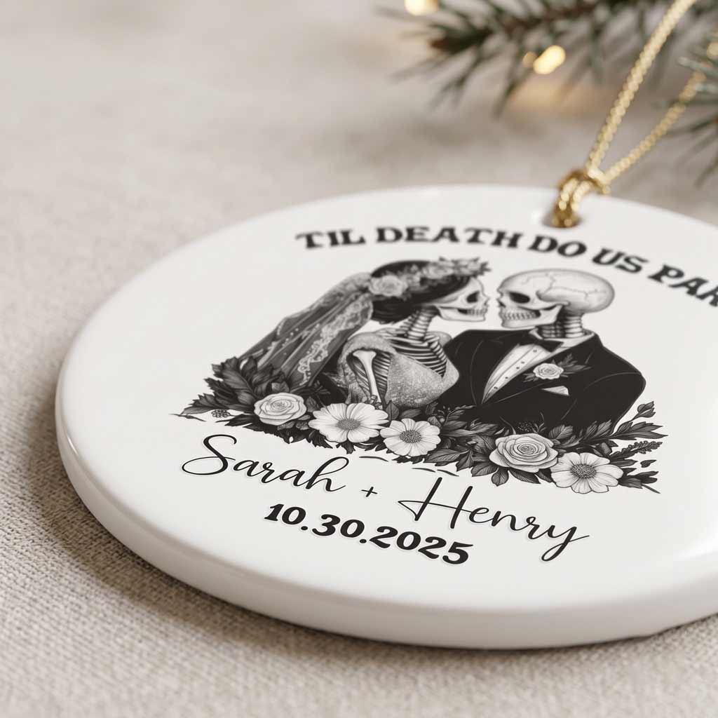 Til Death Do Us Part Skeleton Wedding Custom Name Date Gothic Couple Round Ceramic Ornament