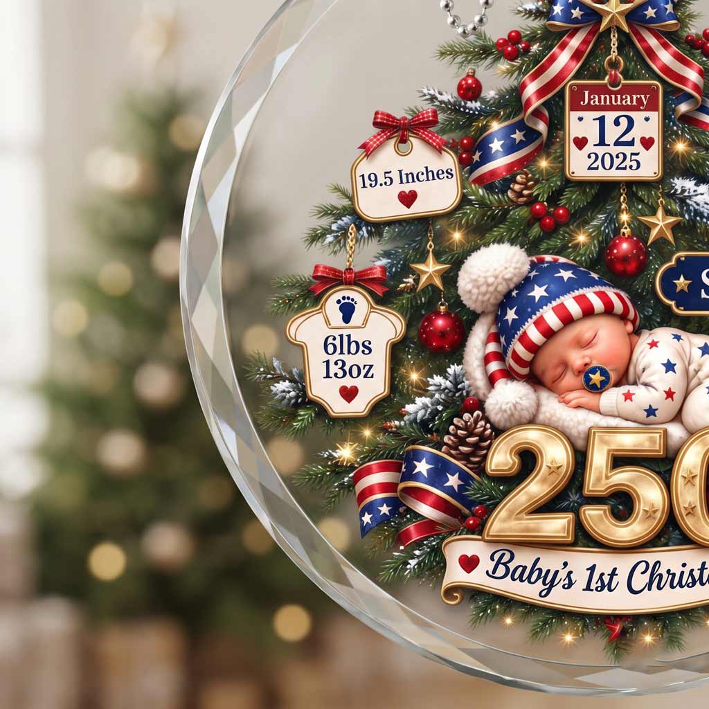 Baby's First Christmas America's 250th Year Custom Name Birth Date Weight Time Newborn Round Glass Ornament
