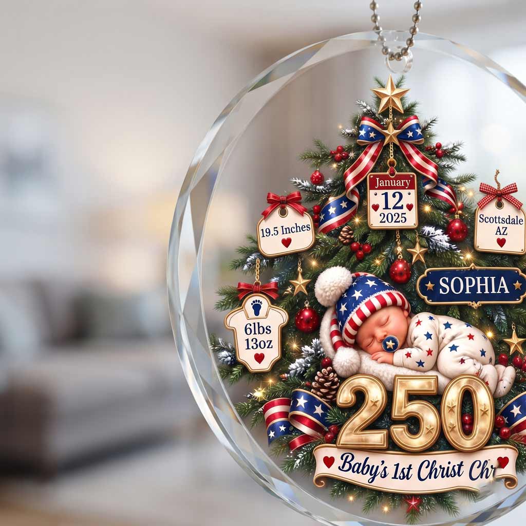 Baby's First Christmas America's 250th Year Custom Name Birth Date Weight Time Newborn Round Glass Ornament