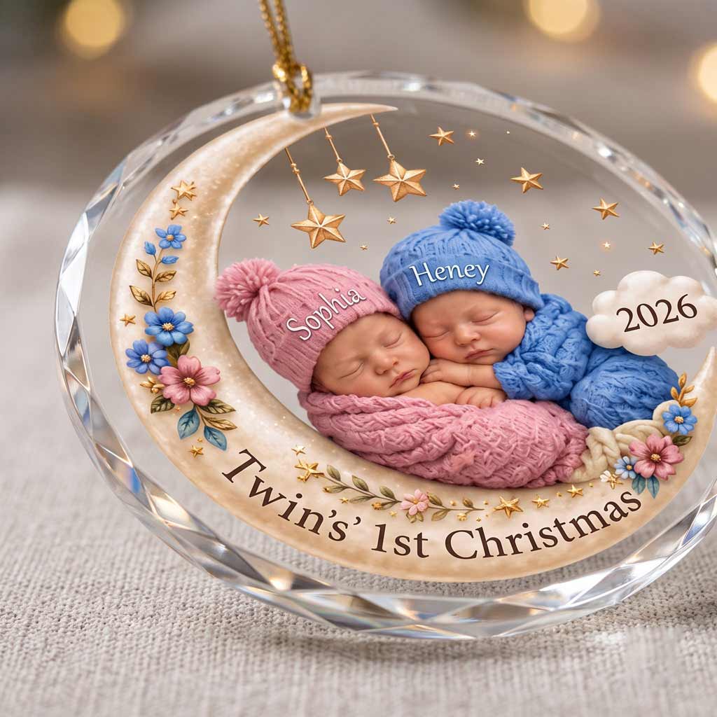 Twins' First Christmas 2026 Baby in Moon and Stars Photo Keepsake Personalized Newborn Round Glass Christmas Ornament