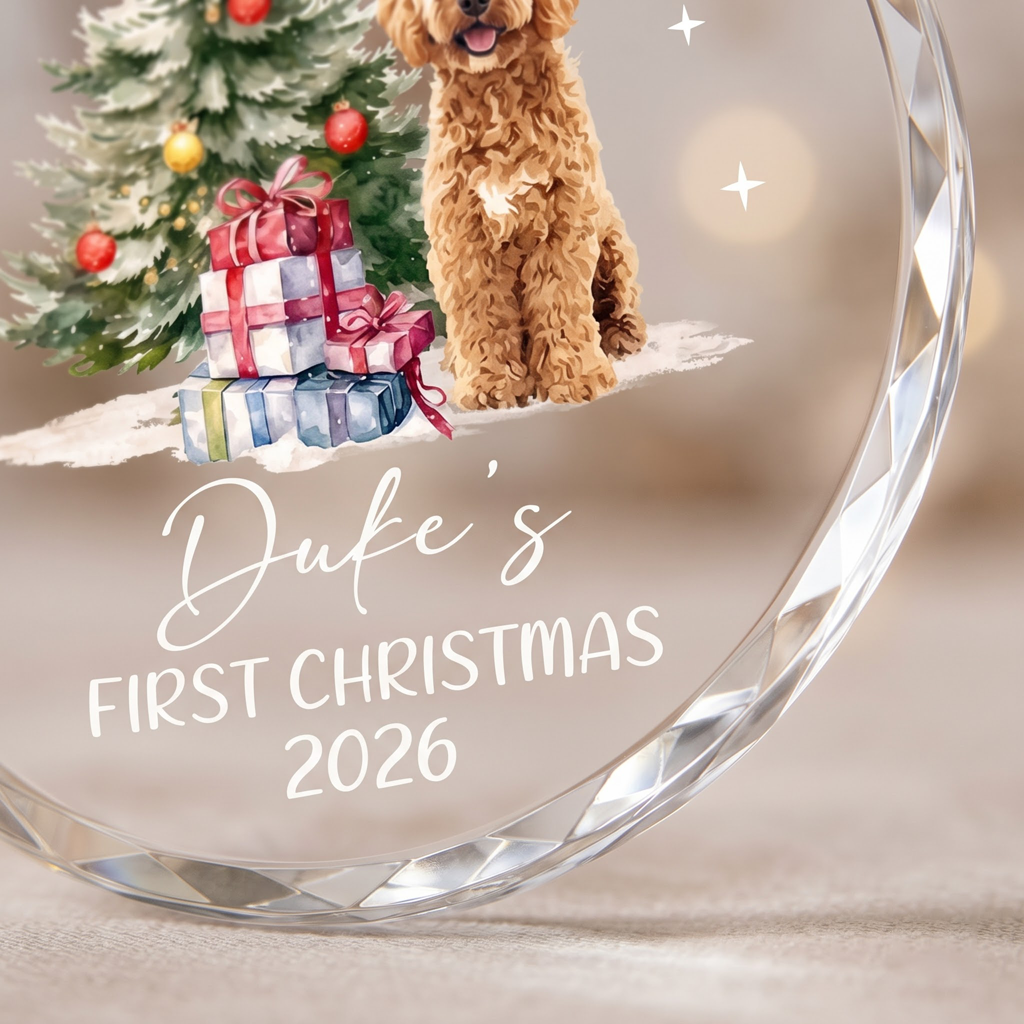 First Christmas for Dog Mom Custom Pet Name Round Glass Christmas Ornament