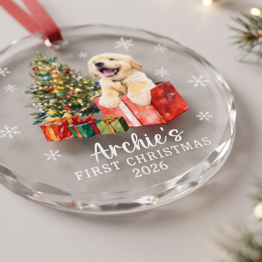 My First Christmas of Dog Custom Pet Name Keepsake Round Glass Christmas Ornament