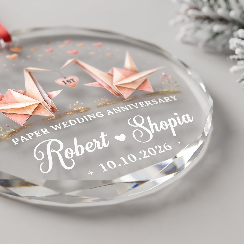 Paper Wedding Anniversary Custom Names Date First Wedding Keepsake Couple Round Glass Christmas Ornament
