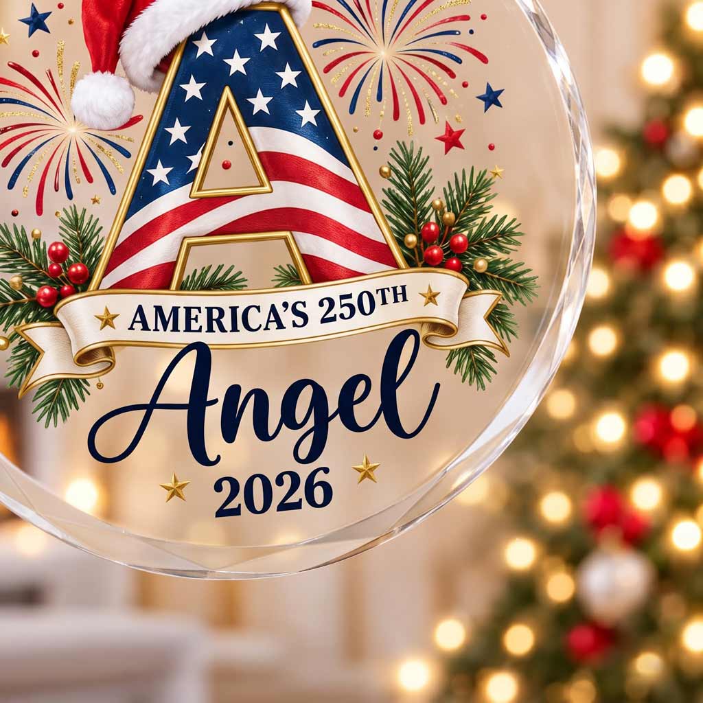 America's 250th Initial 2026 Custom Name Patriotic Holiday Keepsake Round Glass Christmas Ornament