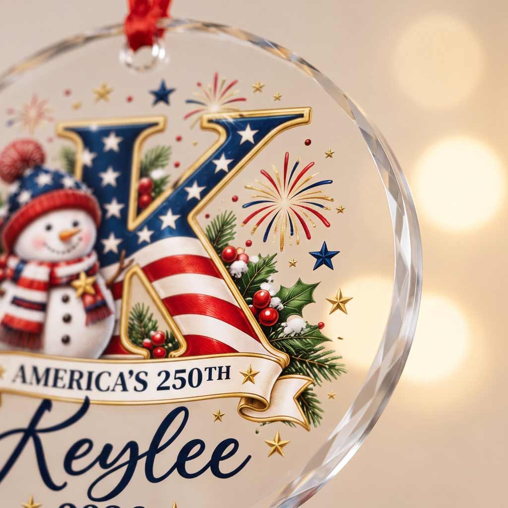America's 250th Snowman Initial Custom Name 2026 Patriotic Round Glass Christmas Ornament
