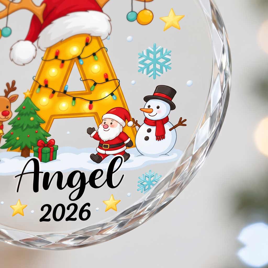 Christmas Initial Santa Reindeer Custom Name 2026 Family Holiday Round Glass Christmas Ornament