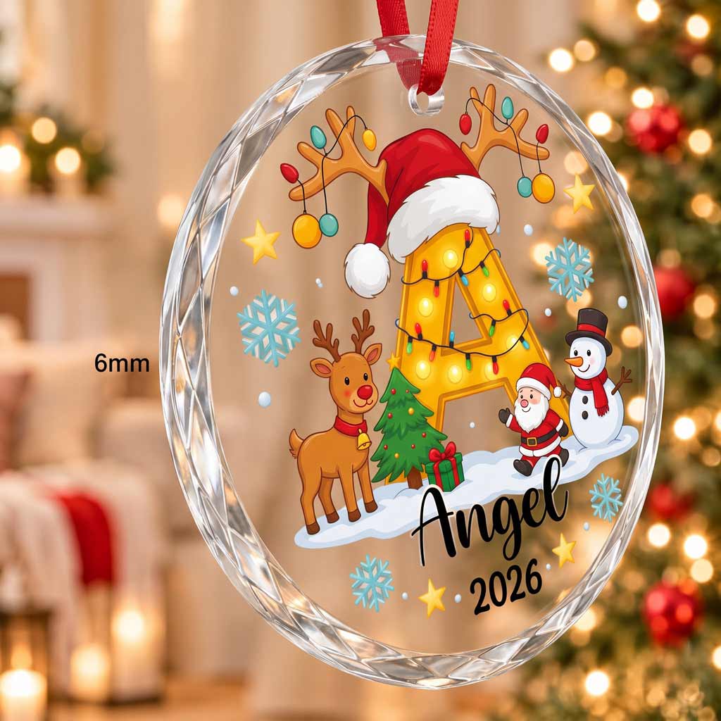 Christmas Initial Santa Reindeer Custom Name 2026 Family Holiday Round Glass Christmas Ornament
