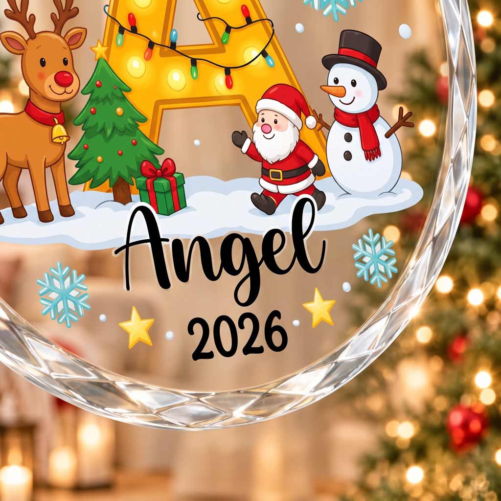 Christmas Initial Santa Reindeer Custom Name 2026 Family Holiday Round Glass Christmas Ornament