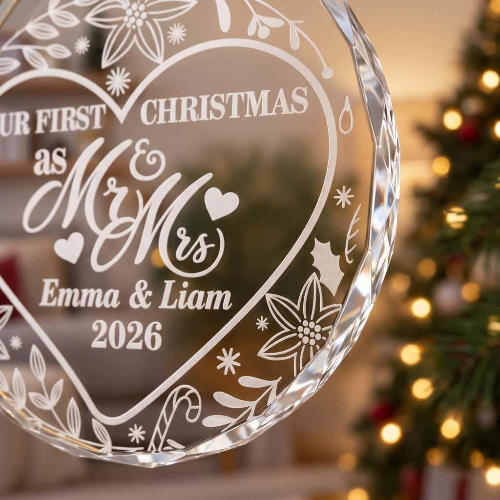 Our First Christmas as Mr & Mrs Floral Heart Custom Wedding Couple Newlywed Gift Round Glass  Ornament