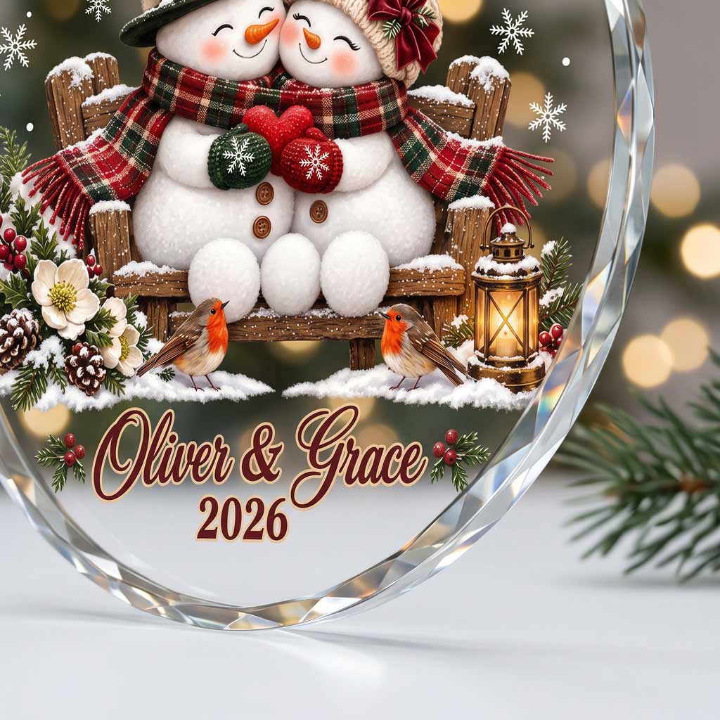 Our First Christmas as Mr & Mrs Snowman Couple Custom Name Date Wedding Newlywed Gift Round Glass Christmas Ornament