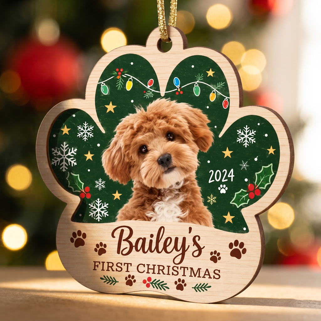 Dog's First Christmas Custom Photo Name Dog Photo Wooden Ornament