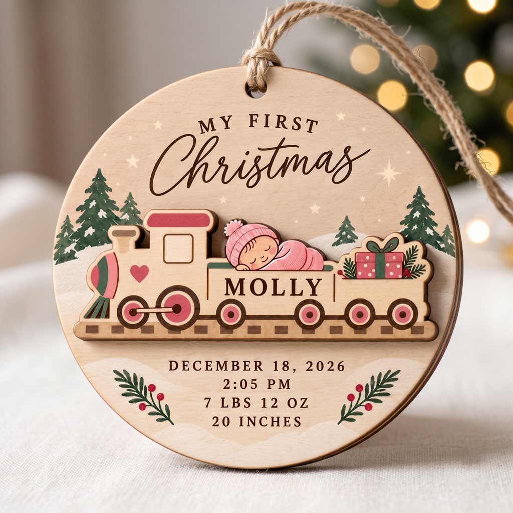 My First Christmas Baby Train Custom Birth Details Newborn Baby Gift Wooden Christmas Ornament