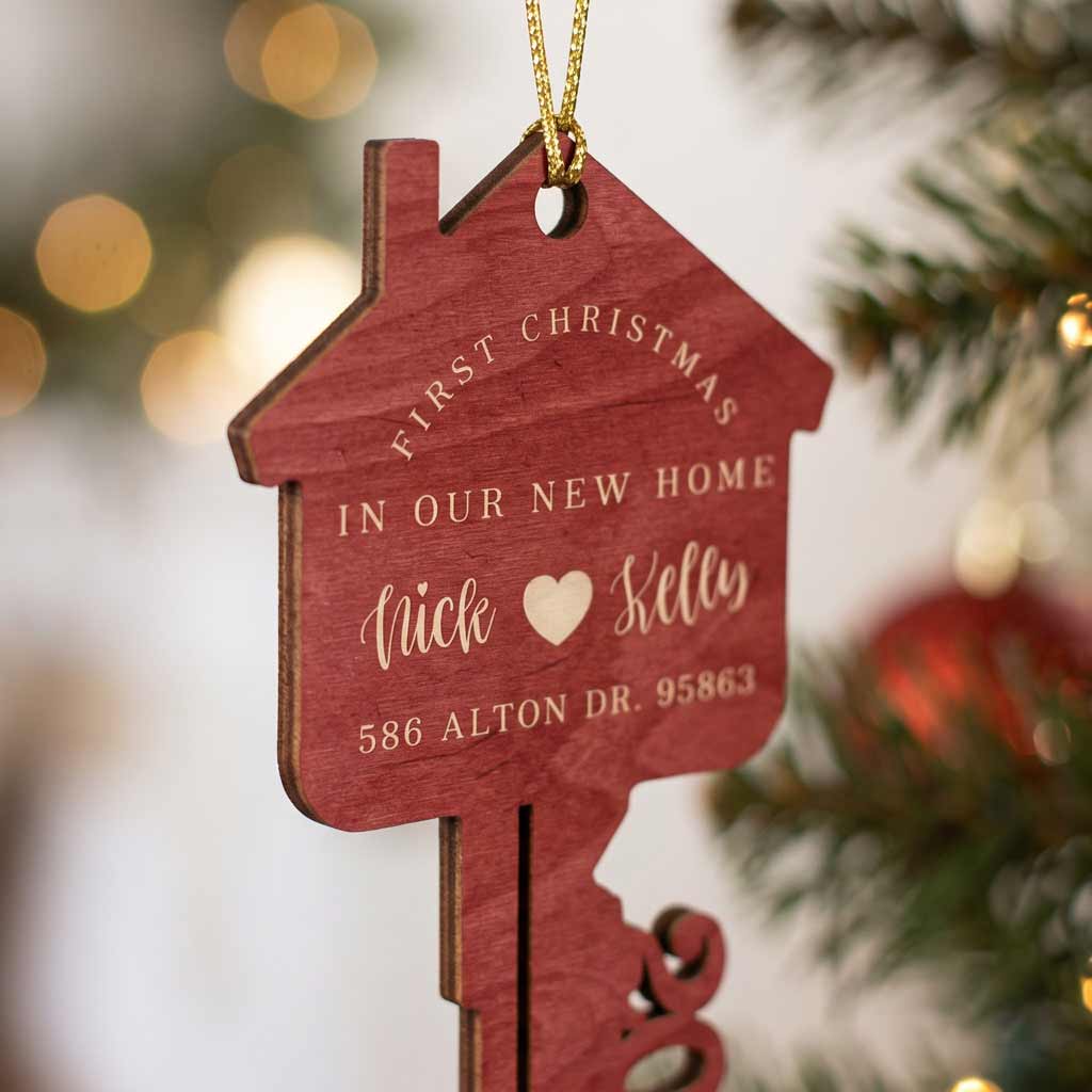 First Christmas In Our New Home 2026 House Key Custom Address New Home Wooden Ornament