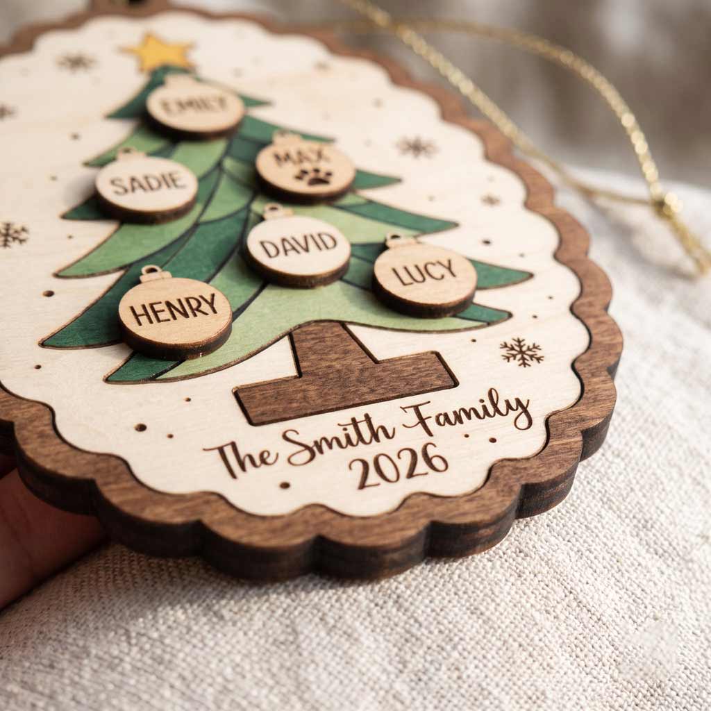 Family Christmas Tree 2026 Custom Family Names Family Holiday Keepsake Gift Wooden Christmas Ornament