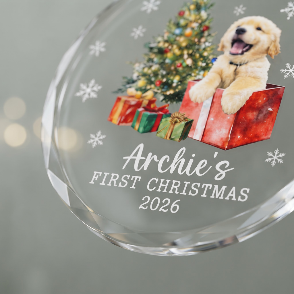 My First Christmas of Dog Custom Pet Name Keepsake Round Glass Christmas Ornament