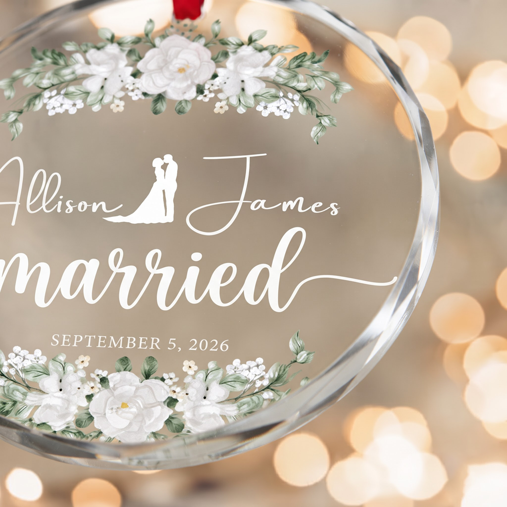 Married Floral Wedding Custom Names Date Wedding Keepsake Anniversary Gift Round Glass Christmas Ornament
