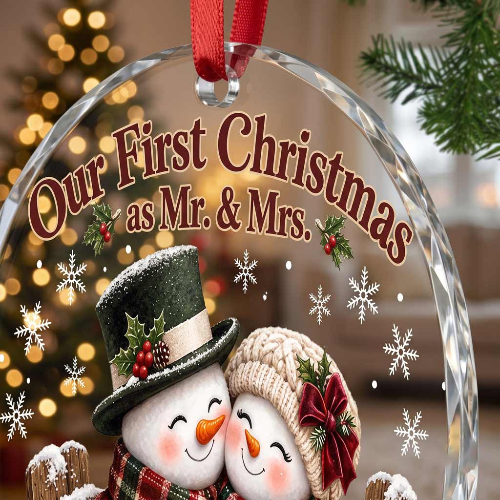 Our First Christmas as Mr & Mrs Snowman Couple Custom Name Date Wedding Newlywed Gift Round Glass Christmas Ornament