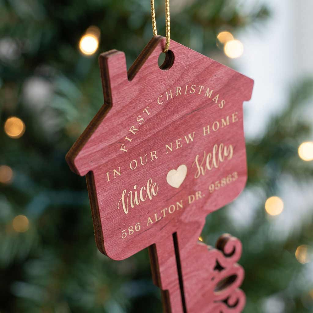 First Christmas In Our New Home 2026 House Key Custom Address New Home Wooden Ornament