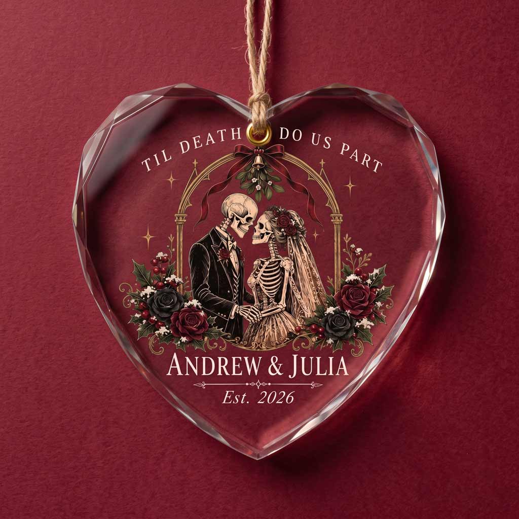 Til Death Do Us Part Skeleton Bride Groom Custom Gothic Wedding Couple Heart Glass Ornament