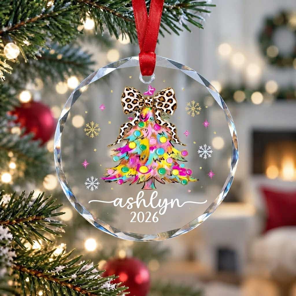 Colorful Christmas Tree Leopard Bow 2026 Custom Name  Christmas Keepsake Round Glass Christmas Ornament