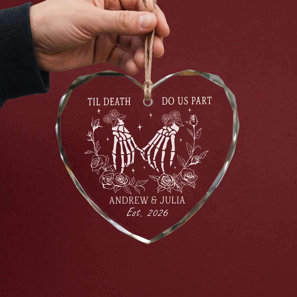 Til Death Do Us Part Skeleton Hands Roses Custom Name Date Gothic Couple Wedding Gift Heart Glass Ornament