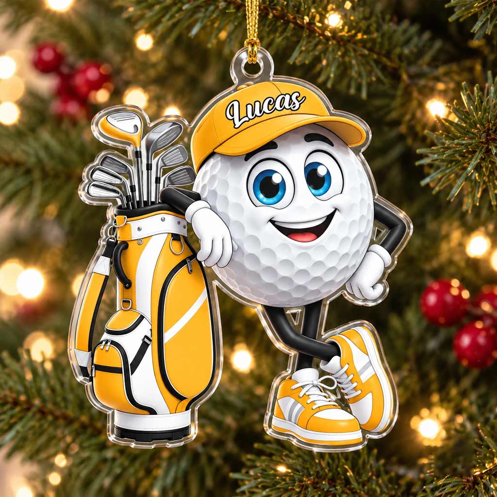 Happy Golf Ball With Golf Clubs Custom Name Golf Lover Gift for Him Acrylic Christmas Ornament
