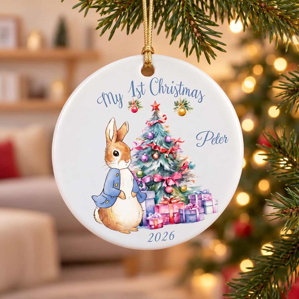 My First Christmas  Rabbit Custom Name 2026 Newborn Baby Round Ceramic Christmas Ornament